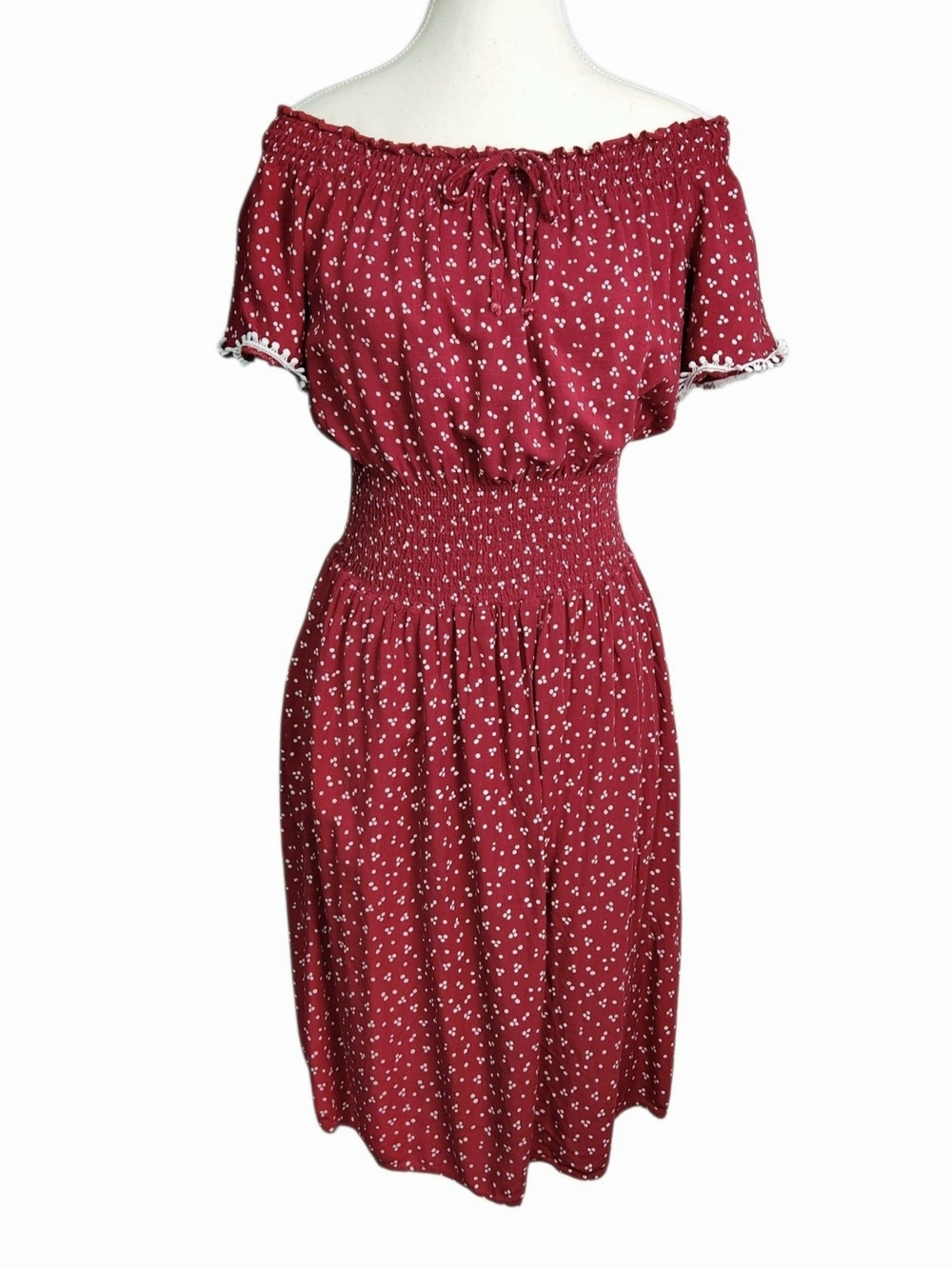 Kindred Off Shoulder Smocked Waist Dress S Red White Heart Print Rayon Knee